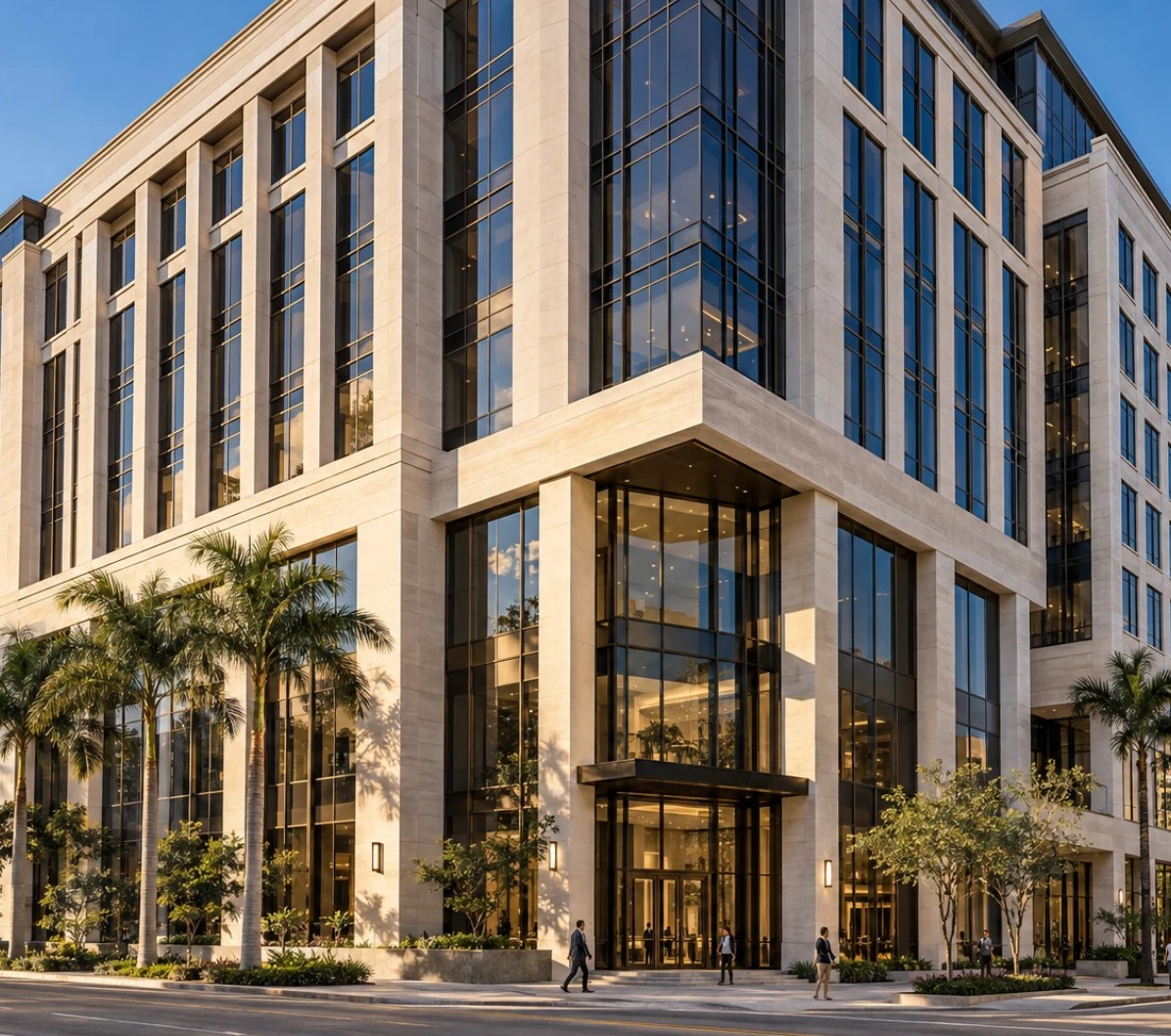 Concept rendering of a stone and glass office building with palm trees along the street